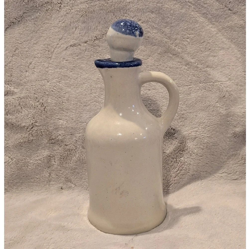 Handmade Ceramic Oil Vinegar Cruet Cobalt Blue White Glazed Pottery with Stopper